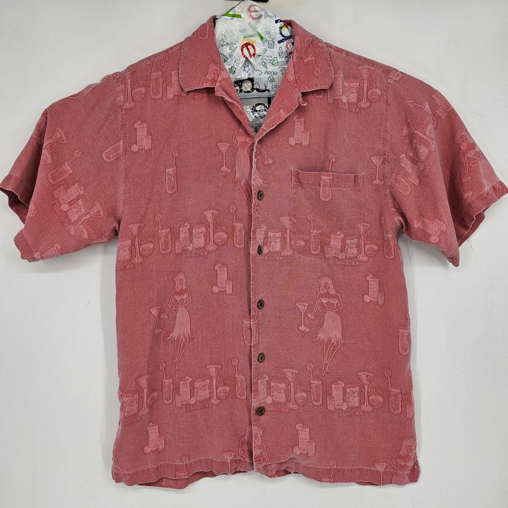 Tommy Bahama Shirt Mens Medium Silk Hawaiian Red Hula Girls Short Sleeve